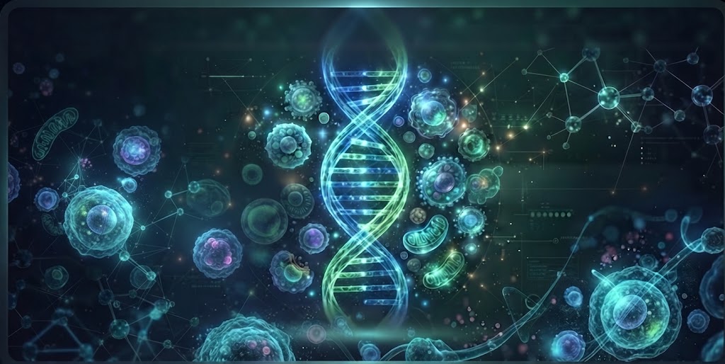 Composição científica com DNA, células, mitocôndrias e redes moleculares